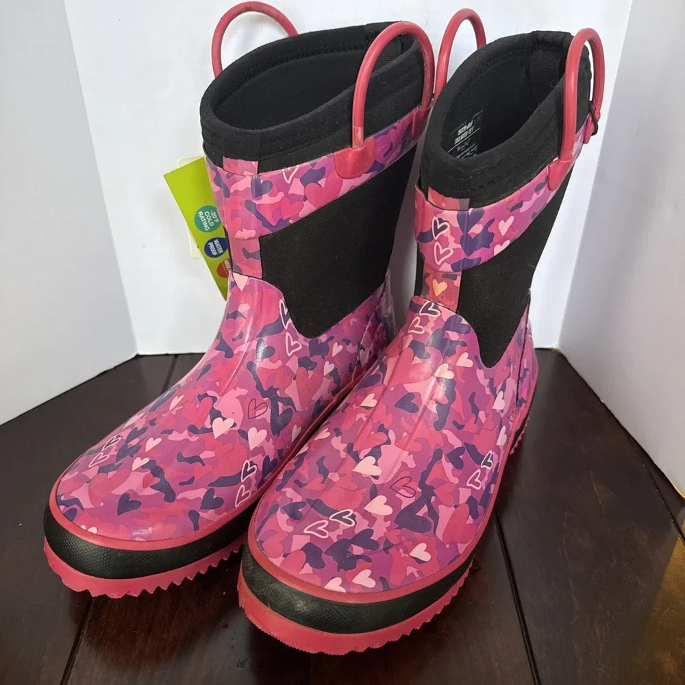 Western Chief Girls Boots Kids Sz 2/3‎ Waterproof Neoprene Pink Hearts Rain Snow
